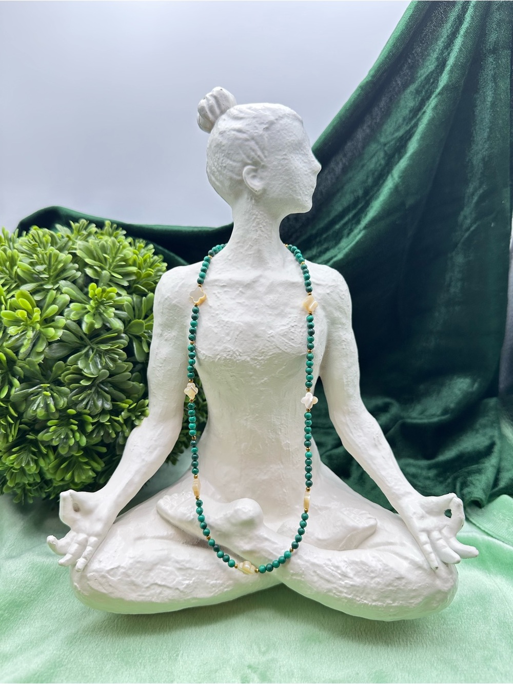 Genuine Malachite Beaded Necklace with Mother-of-Pearl Clover & 18k Gold